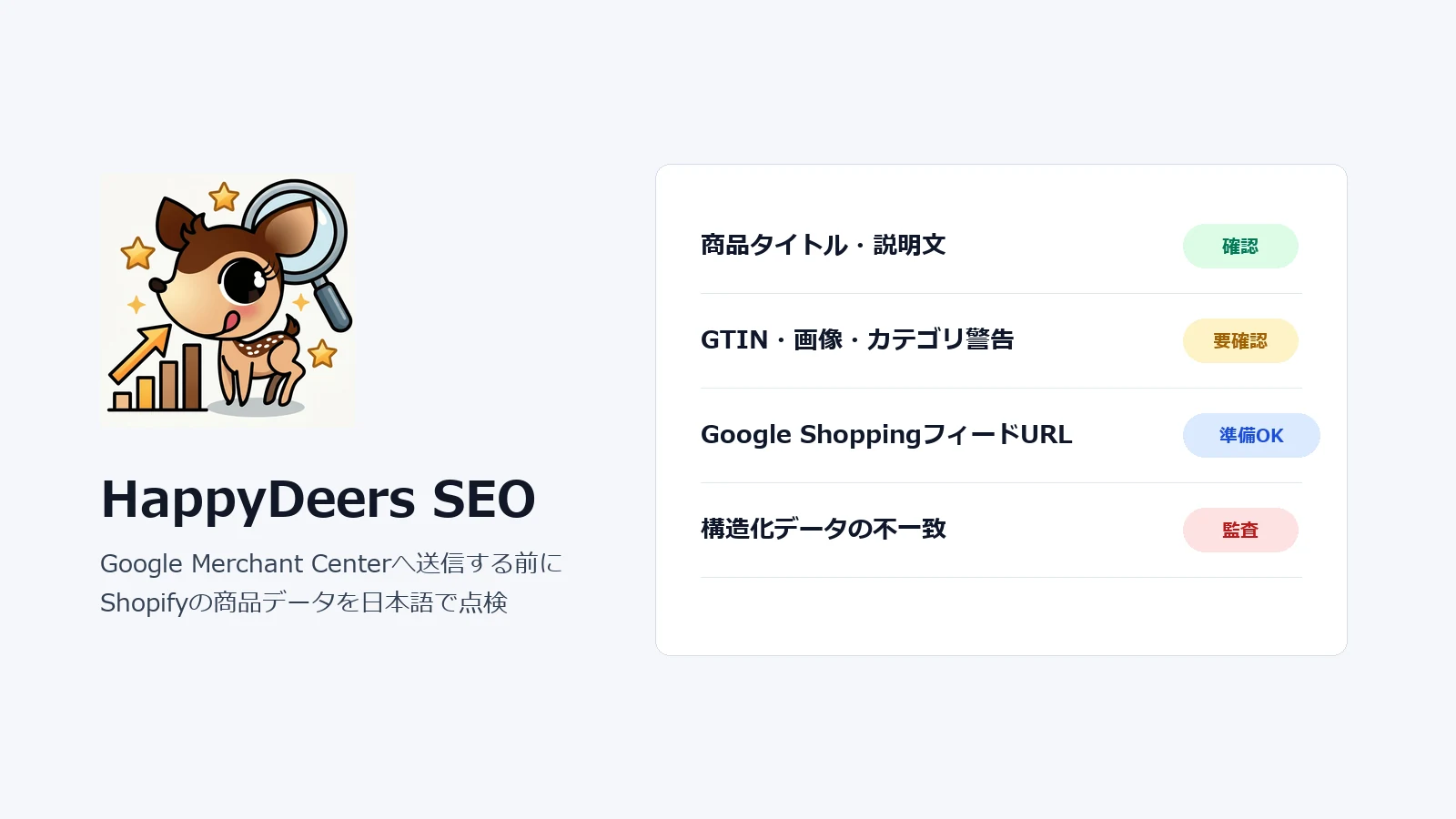 HappyDeers SEOの商品SEO監査機能画面